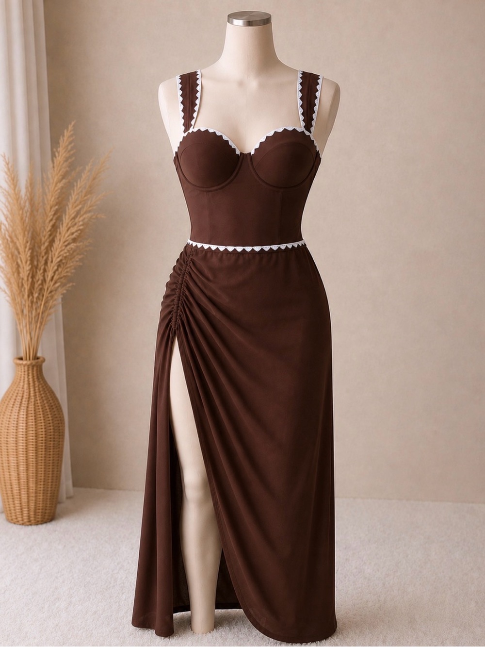 Brown Bustier Bathing Suit with Coverup